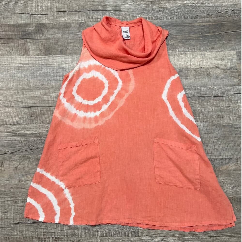 Match Point USA Linen Cowl Neck Tank Top Tie Dye Lagenlook Peasant Art Beach